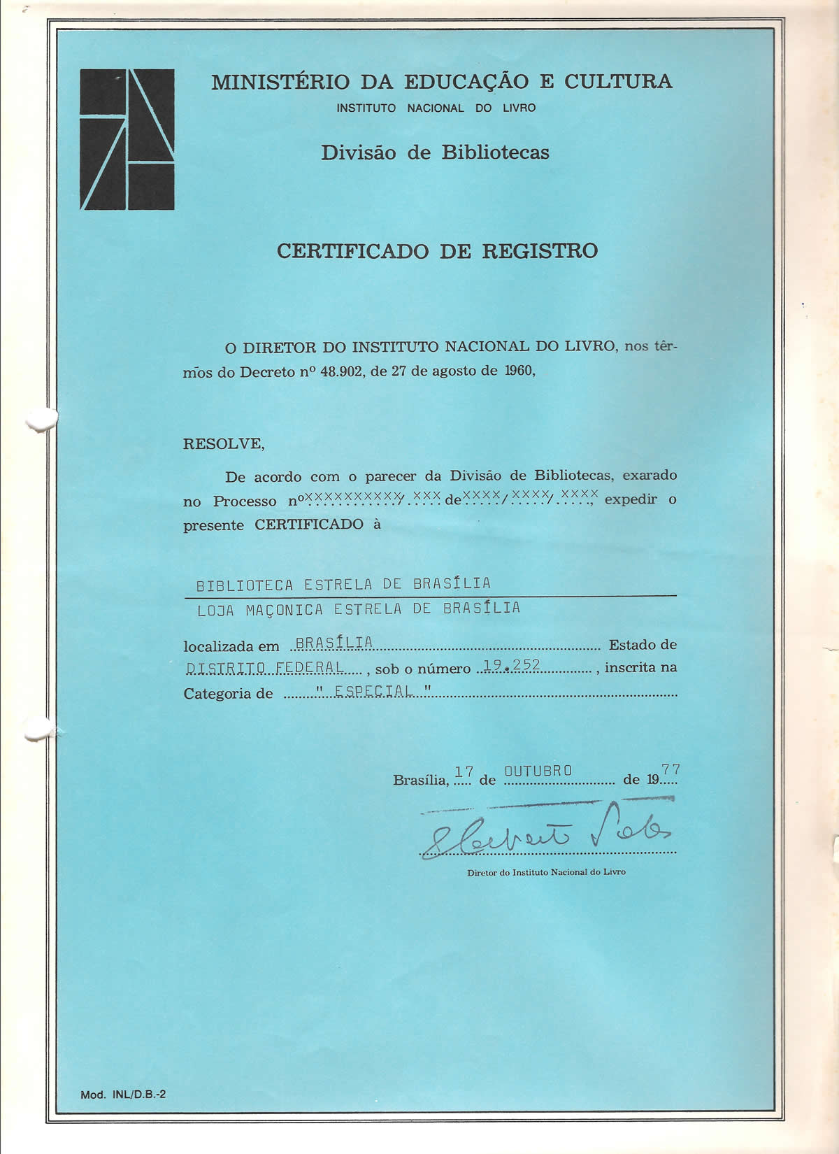 Registro da Biblioteca no MEC / INL