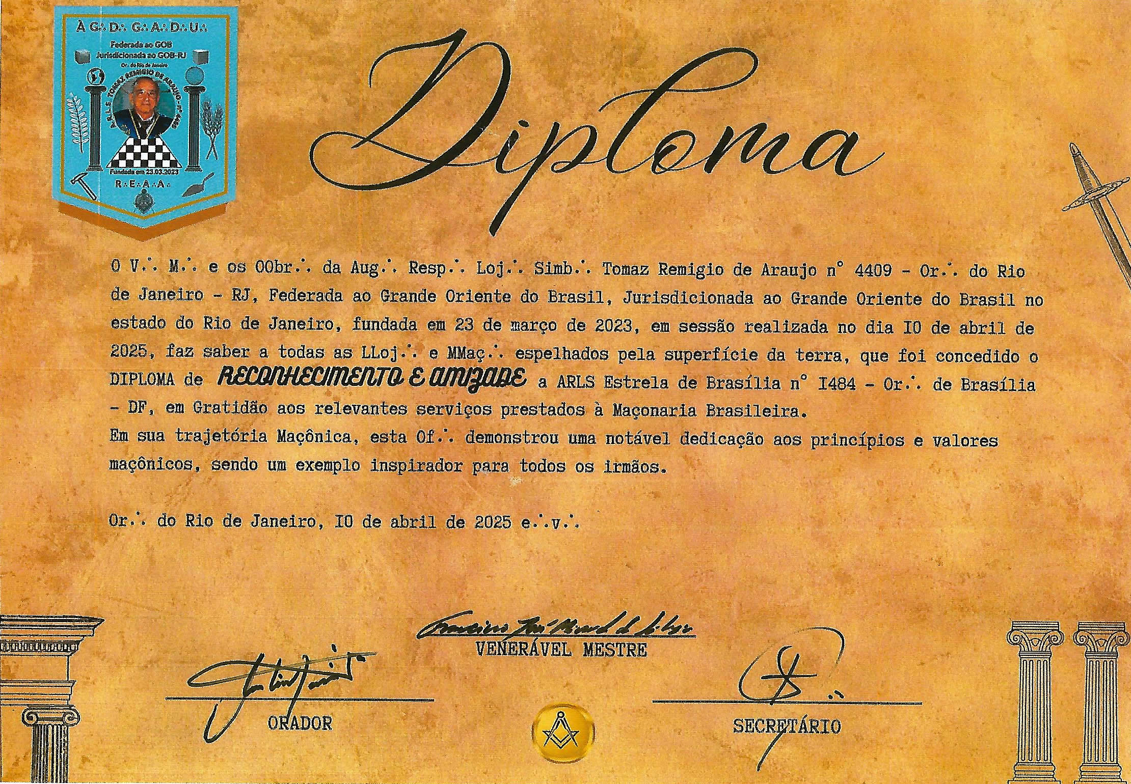 Diploma Fraternal outorgado pela Loja Coirmã Tomaz Remígio de Araújo em 2025
