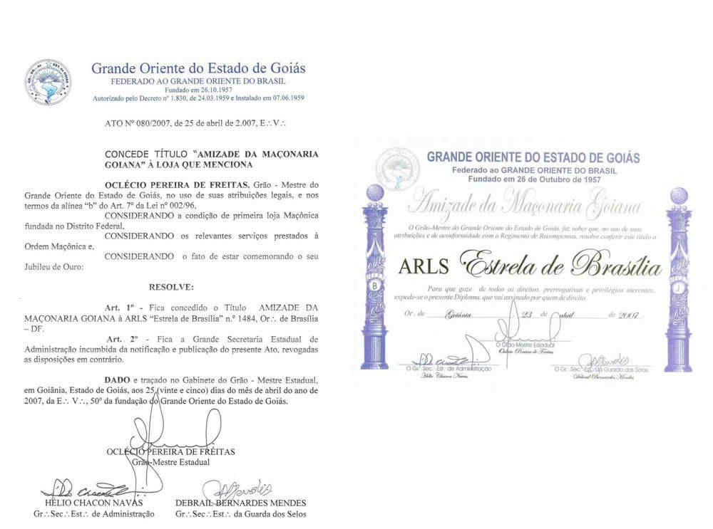 Diploma de Gratidão — Grande Oriente de Goiás