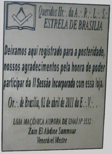 Placa Comemorativa — ARLS Aurora de Unaí